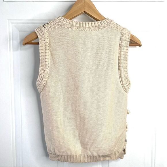 Tory Burch Women's Cream Jacquard Fringe Wool Sweater Vest Size XS - Picture 4 of 5
